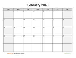 February 2043 Calendar with Weekend Shaded
