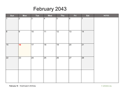 February 2043 Calendar with Notes