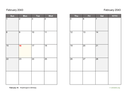 February 2043 Calendar on two pages