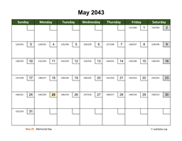 May 2043 Calendar with Day Numbers