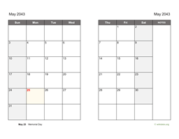 May 2043 Calendar on two pages
