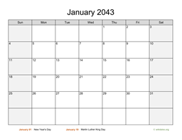 Monthly 2043 Calendar with Weekend Shaded