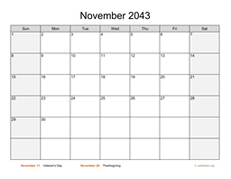 November 2043 Calendar with Weekend Shaded