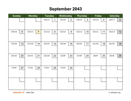 September 2043 Calendar with Day Numbers