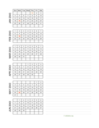 six months 2043 calendar vertical with notes