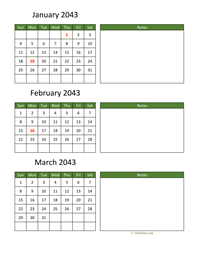 three months 2043 calendar vertical with notes