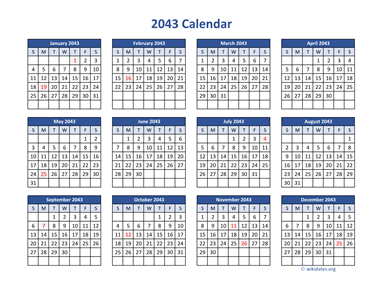 2043 Calendar in PDF | WikiDates.org