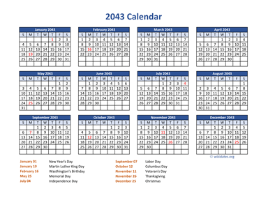 PDF Calendar 2043 with Federal Holidays
