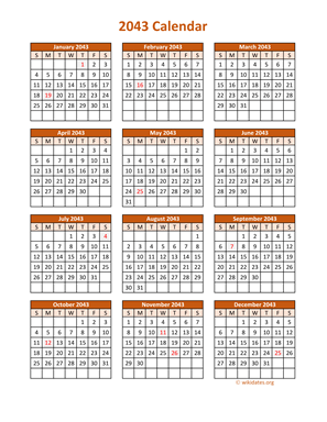 Full Year 2043 Calendar on one page