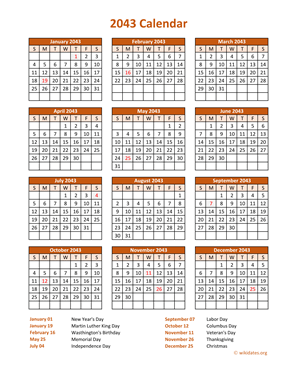 Calendar 2043 Vertical