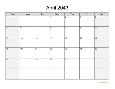 April 2043 Calendar with Weekend Shaded