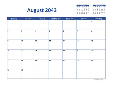 August 2043 Calendar Classic