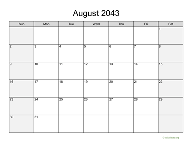 August 2043 Calendar with Weekend Shaded