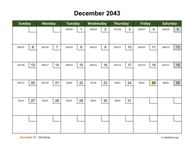 December 2043 Calendar with Day Numbers