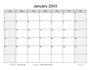 January 2043 Calendar with Weekend Shaded
