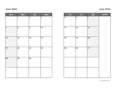 June 2043 Calendar on two pages