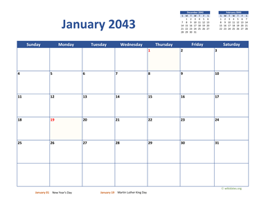 Monthly 2043 Calendar Classic