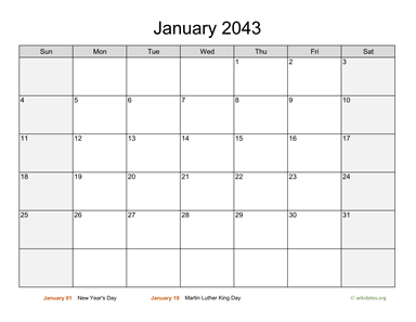 Monthly 2043 Calendar with Weekend Shaded