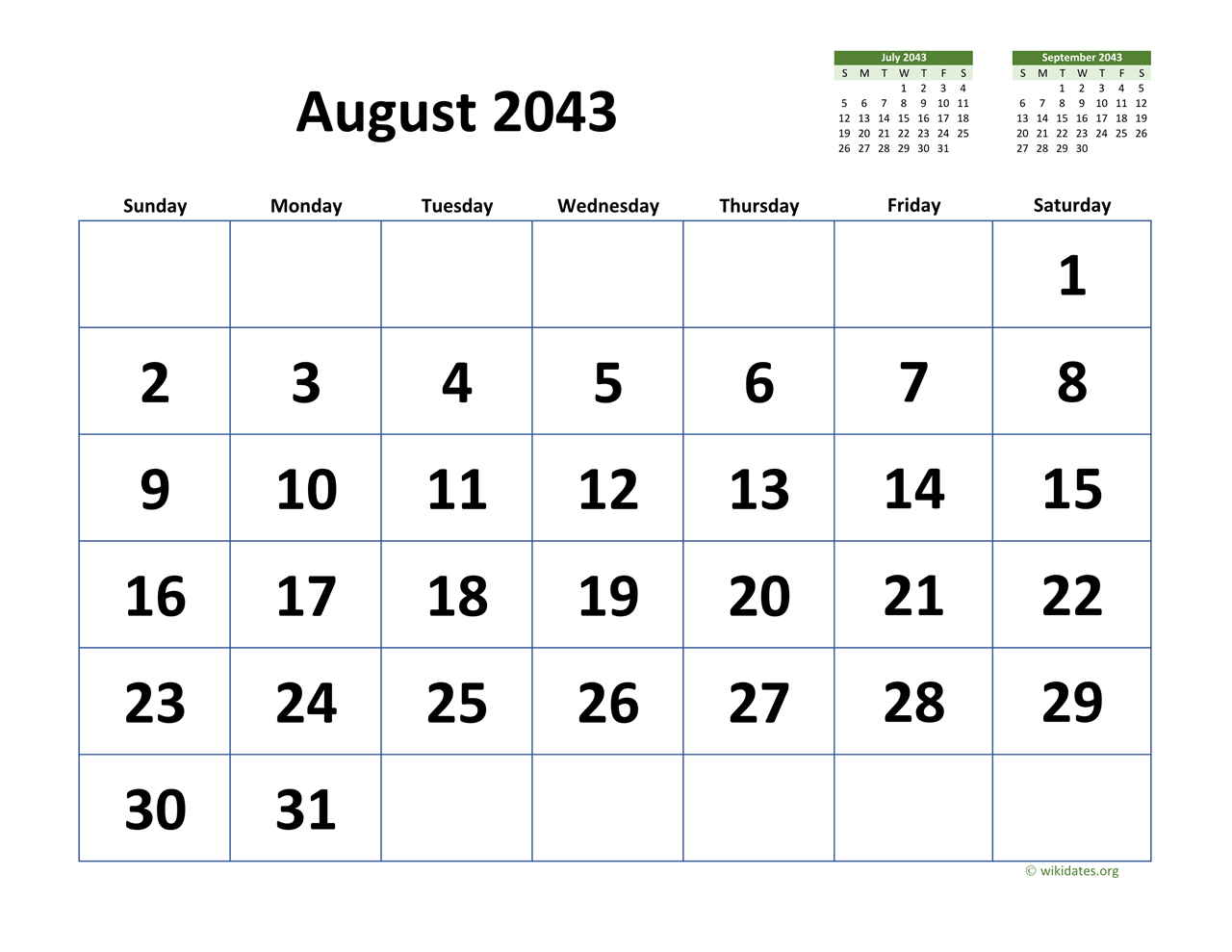 August 2043 Calendar with Extra-large Dates | WikiDates.org
