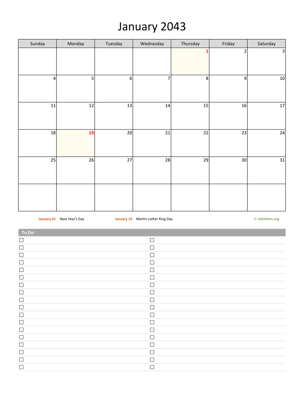 Monthly 2043 Calendar With To Do List