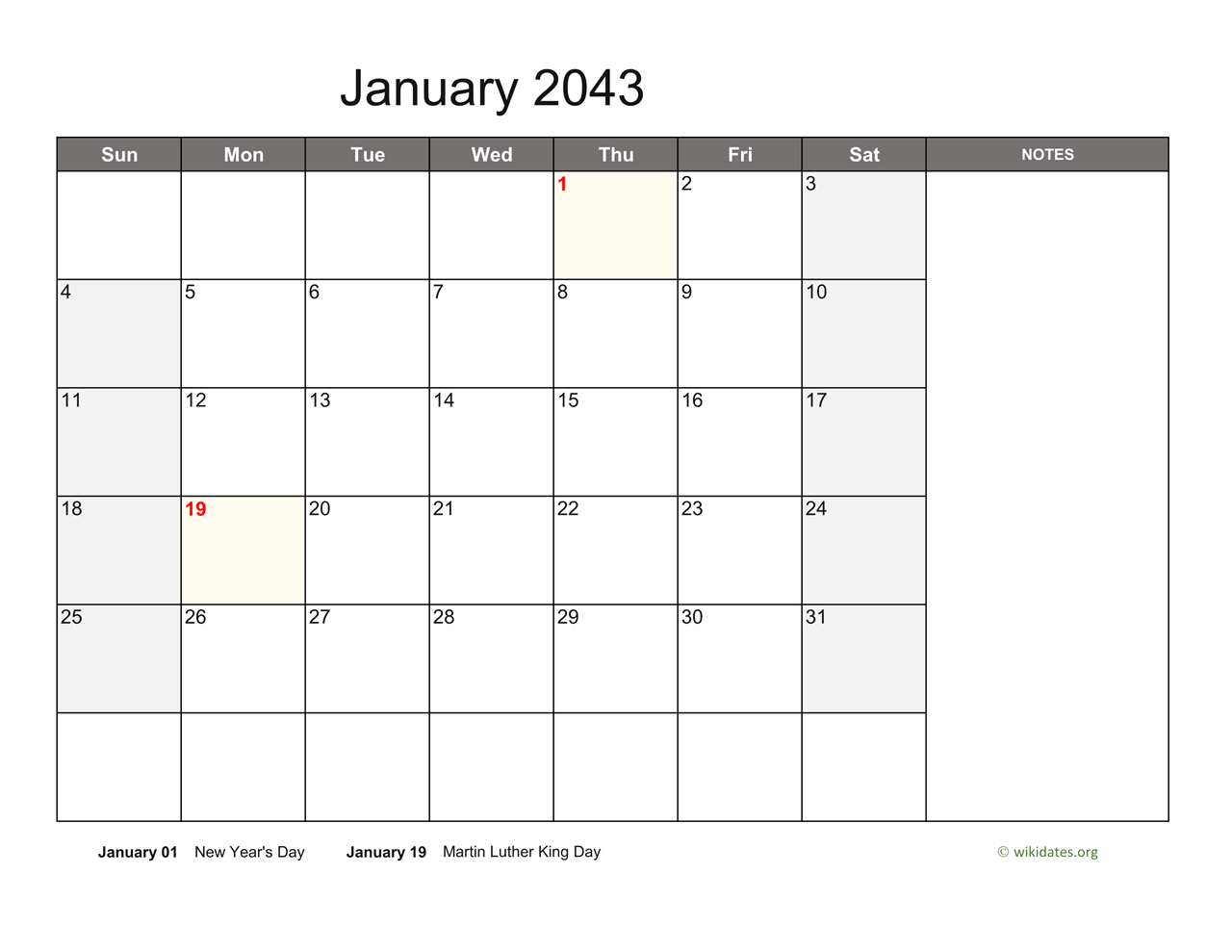 Monthly 2043 Calendar With Notes