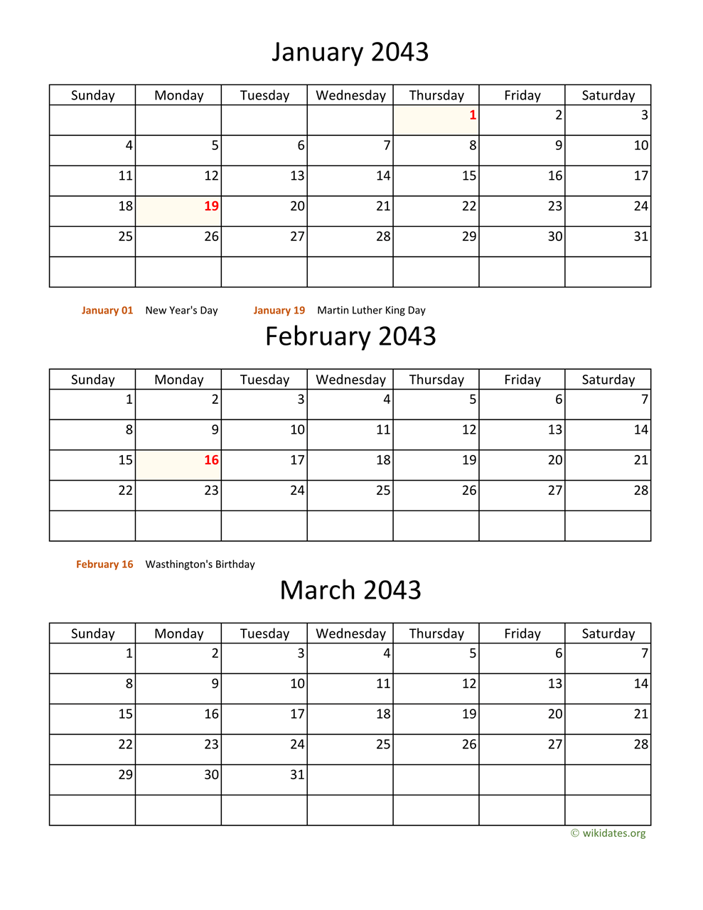 Printable 2043 Calendar