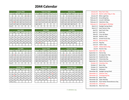 2044 Calendar with US Holidays