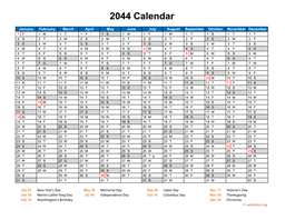 2044 Calendar Horizontal, One Page