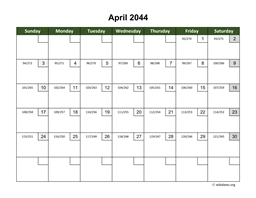 April 2044 Calendar with Day Numbers