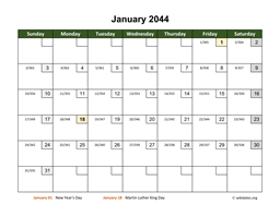 January 2044 Calendar with Day Numbers