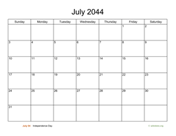 Basic Calendar for July 2044