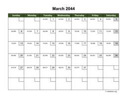 March 2044 Calendar with Day Numbers