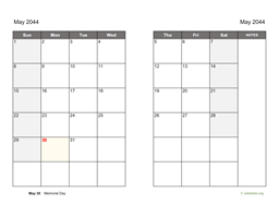 May 2044 Calendar on two pages