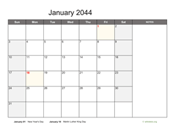 Monthly 2044 Calendar with Notes
