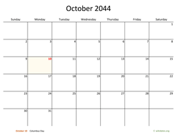 October 2044 Calendar with Bigger boxes