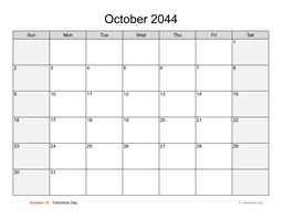 October 2044 Calendar with Weekend Shaded