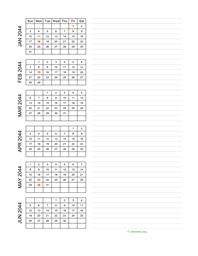 six months 2044 calendar vertical with notes