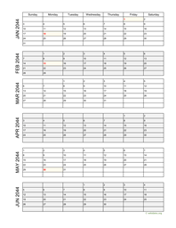 six months 2044 calendar vertical