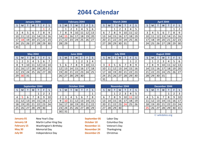 PDF Calendar 2044 with Federal Holidays