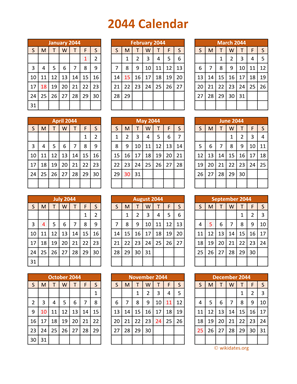 Full Year 2044 Calendar on one page