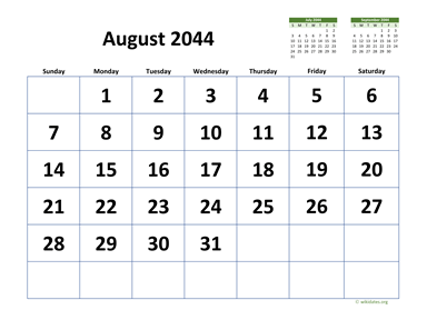 August 2044 Calendar with Extra-large Dates
