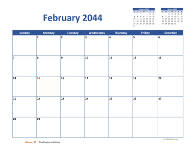 February 2044 Calendar Classic