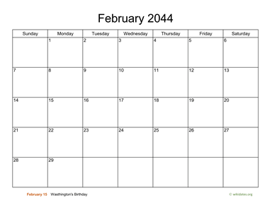 Basic Calendar for February 2044