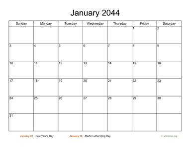 Basic Calendar for January 2044