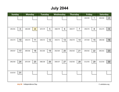 July 2044 Calendar with Day Numbers