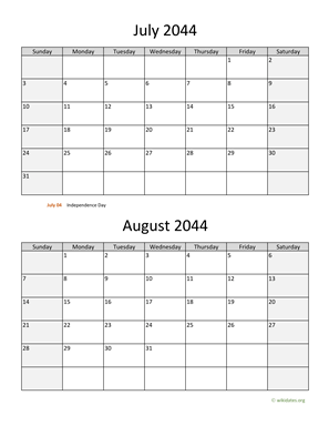 July and August 2044 Calendar Vertical