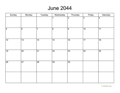 Basic Calendar for June 2044