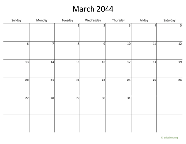 March 2044 Calendar with Bigger boxes