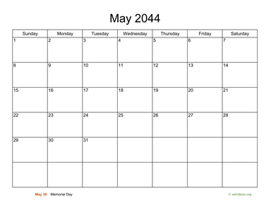 Basic Calendar for May 2044