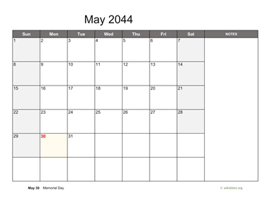 May 2044 Calendar with Notes